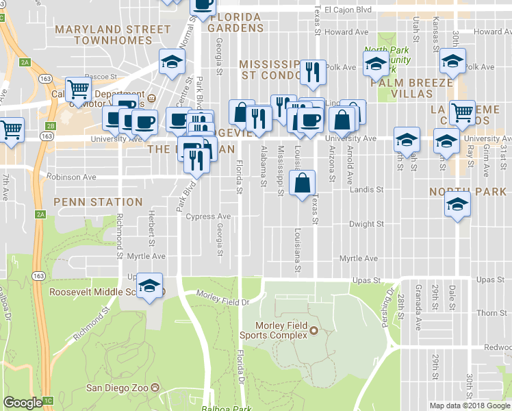 map of restaurants, bars, coffee shops, grocery stores, and more near 3674 Alabama Street in San Diego