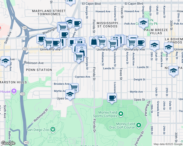 map of restaurants, bars, coffee shops, grocery stores, and more near 1935 Florida Court in San Diego