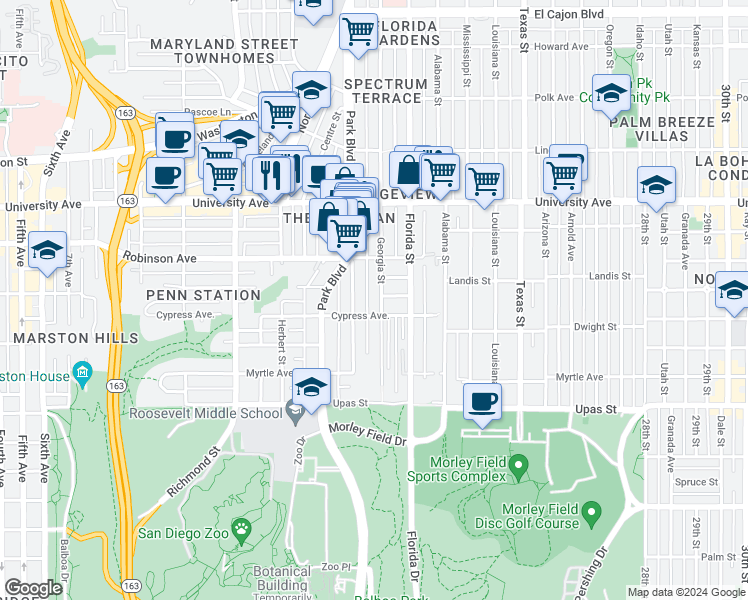map of restaurants, bars, coffee shops, grocery stores, and more near 6 Crestwood Place in San Diego