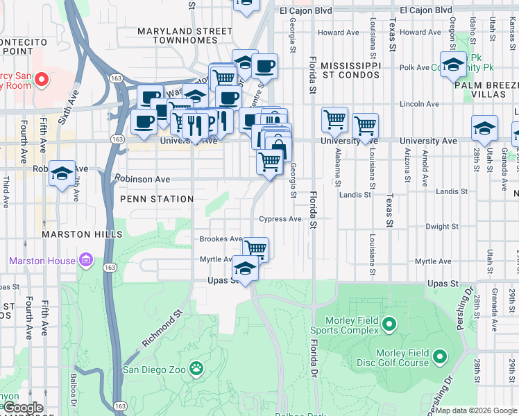 map of restaurants, bars, coffee shops, grocery stores, and more near 3689 Park Boulevard in San Diego