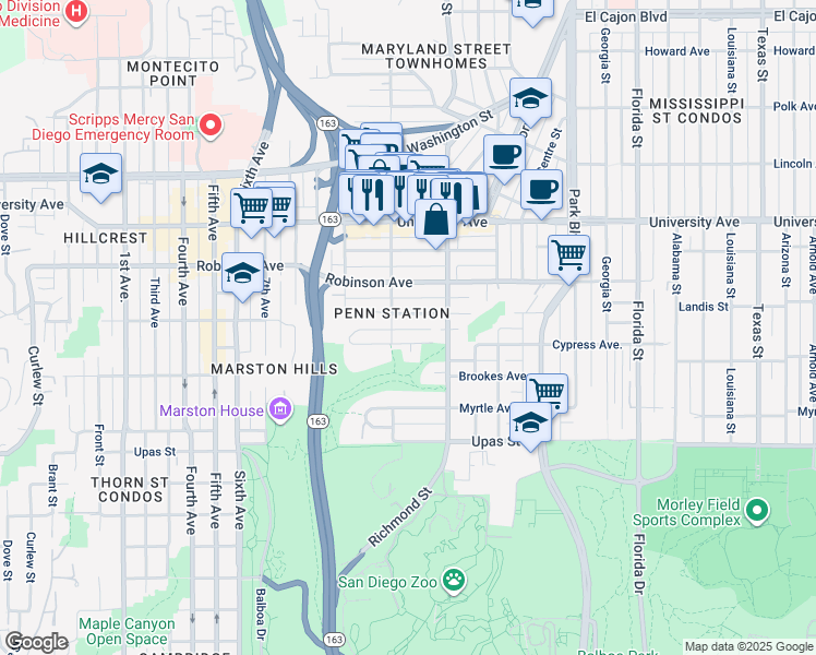 map of restaurants, bars, coffee shops, grocery stores, and more near 1211 Pennsylvania Avenue in San Diego