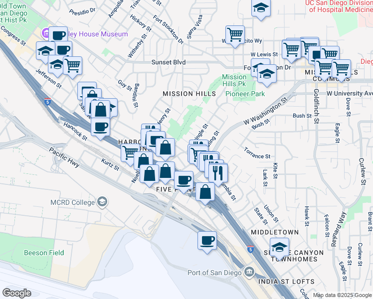 map of restaurants, bars, coffee shops, grocery stores, and more near 1820 Titus Street in San Diego
