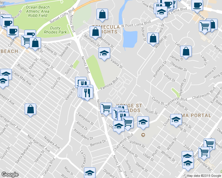 map of restaurants, bars, coffee shops, grocery stores, and more near 2326 Caminito Mira in San Diego