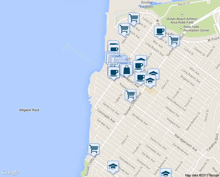 map of restaurants, bars, coffee shops, grocery stores, and more near 4972 Narragansett Avenue in San Diego