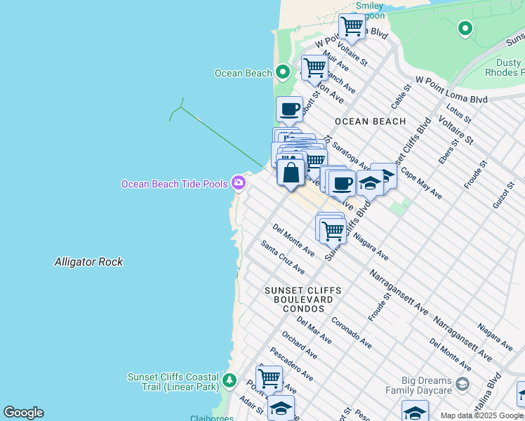 map of restaurants, bars, coffee shops, grocery stores, and more near 5030 Del Monte Avenue in San Diego