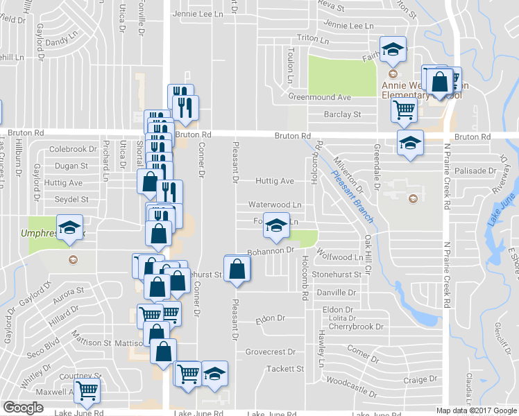 map of restaurants, bars, coffee shops, grocery stores, and more near 8344 Waterwood Lane in Dallas
