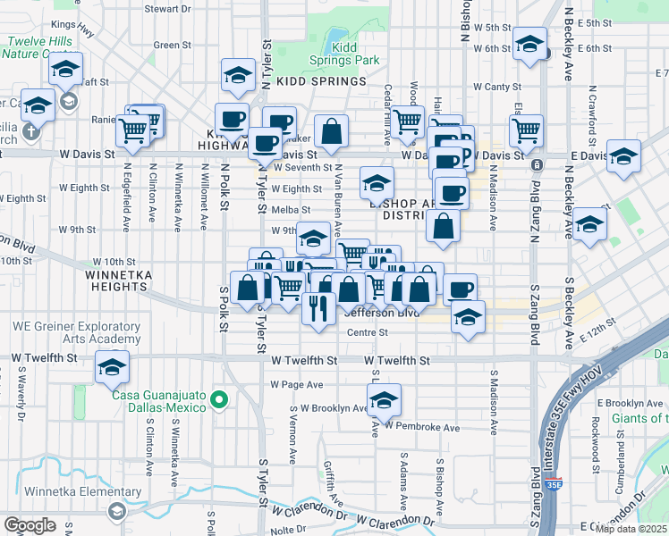 map of restaurants, bars, coffee shops, grocery stores, and more near 700 West 10th Street in Dallas
