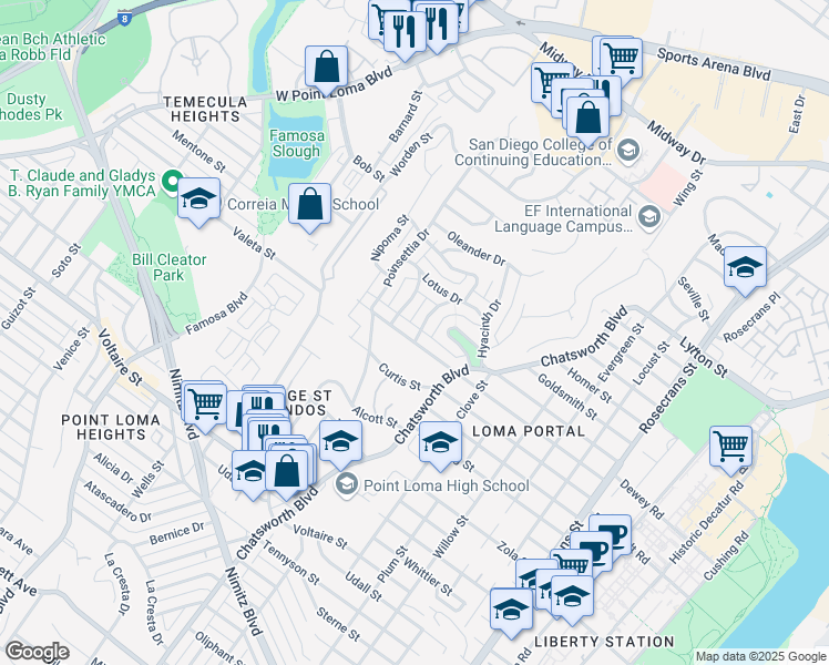 map of restaurants, bars, coffee shops, grocery stores, and more near 2650 Narcissus Drive in San Diego