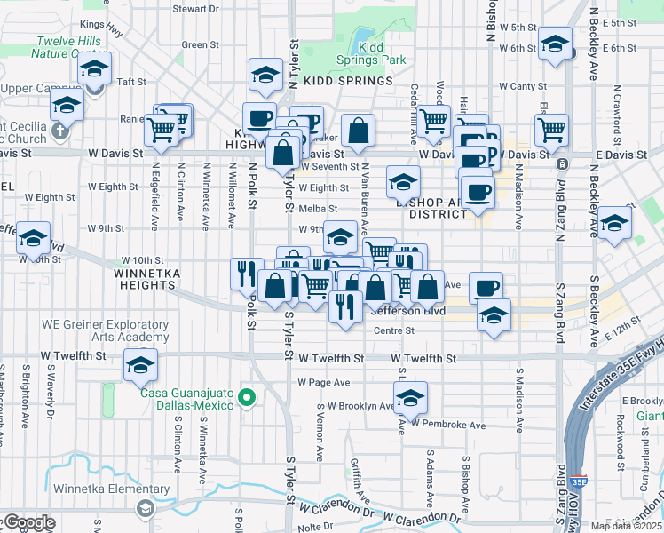 map of restaurants, bars, coffee shops, grocery stores, and more near 738 West 10th Street in Dallas