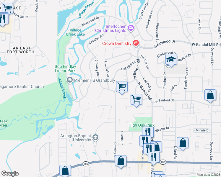 map of restaurants, bars, coffee shops, grocery stores, and more near 801 Live Oak Lane in Arlington