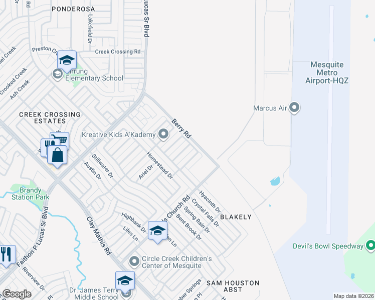 map of restaurants, bars, coffee shops, grocery stores, and more near 1414 Sandalwood Drive in Mesquite