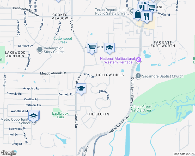 map of restaurants, bars, coffee shops, grocery stores, and more near 8056 Colbi Ln in Fort Worth