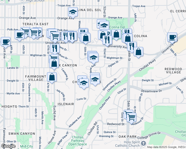 map of restaurants, bars, coffee shops, grocery stores, and more near 3643 Altadena Ave. in San Diego