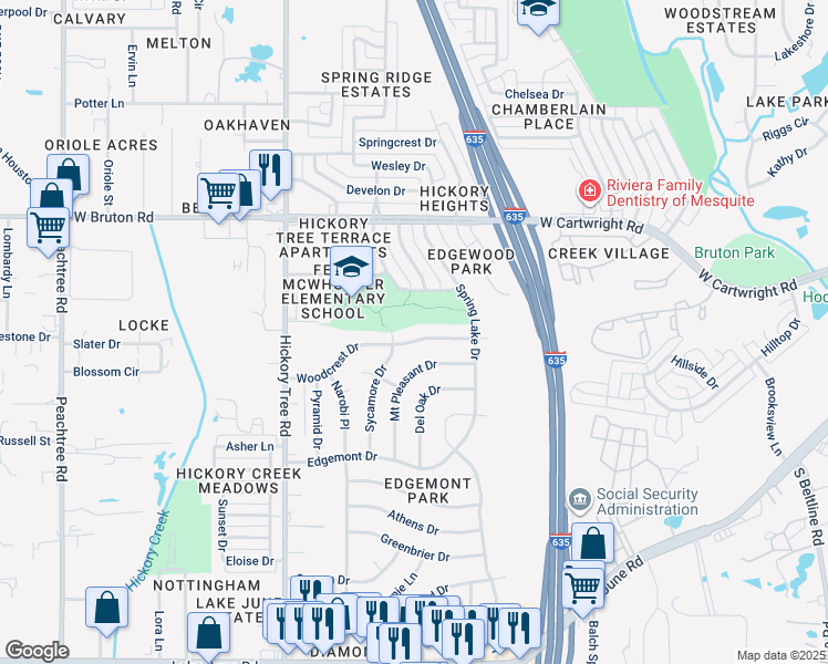 map of restaurants, bars, coffee shops, grocery stores, and more near 1321 Woodcrest Drive in Mesquite