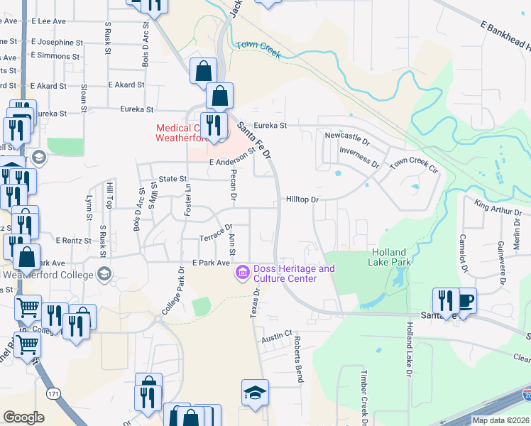 map of restaurants, bars, coffee shops, grocery stores, and more near 816 Hilltop Drive in Weatherford