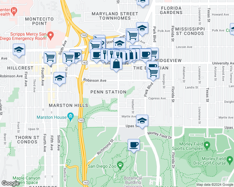 map of restaurants, bars, coffee shops, grocery stores, and more near 3678 Richmond Street in San Diego