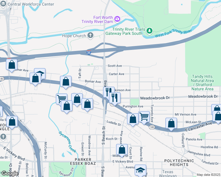 map of restaurants, bars, coffee shops, grocery stores, and more near 2619 Wilkinson Avenue in Fort Worth