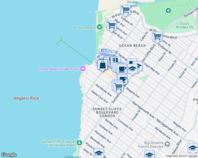 map of restaurants, bars, coffee shops, grocery stores, and more near 4972 Narragansett Avenue in San Diego