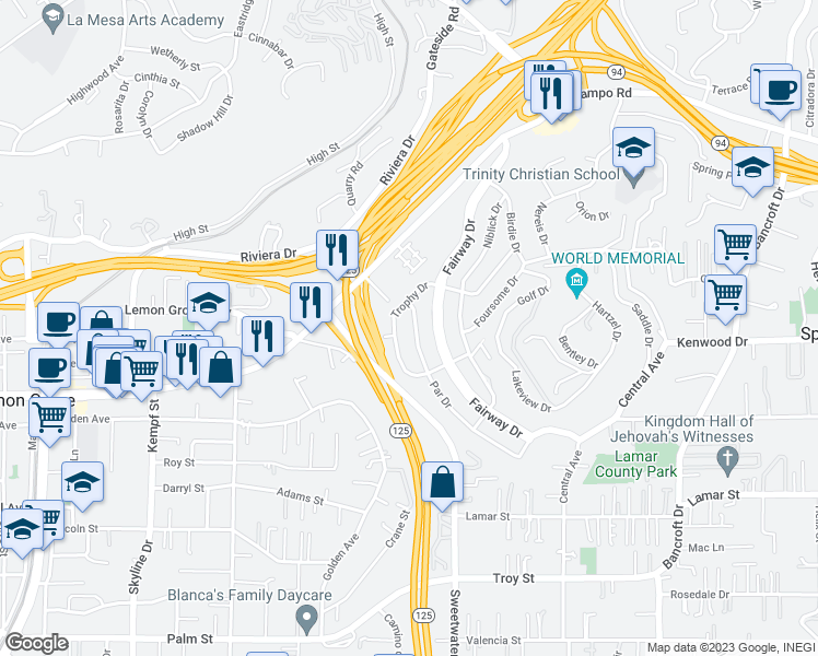 map of restaurants, bars, coffee shops, grocery stores, and more near 3450 Par Drive in La Mesa