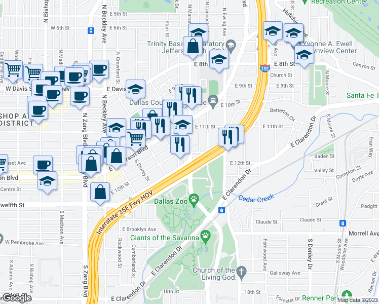 map of restaurants, bars, coffee shops, grocery stores, and more near South Marsalis Avenue & East 12th Street in Dallas