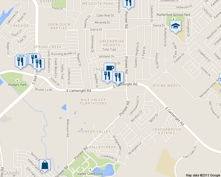 map of restaurants, bars, coffee shops, grocery stores, and more near East Cartwright Road in Mesquite