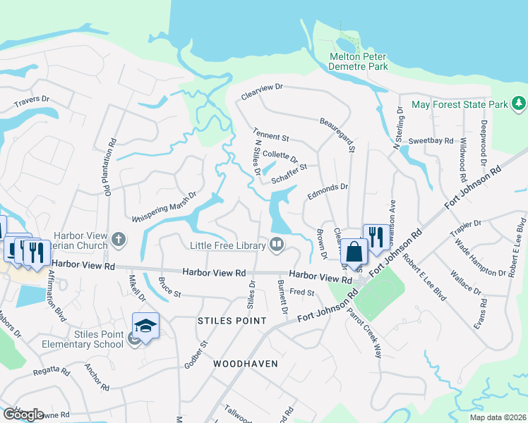 map of restaurants, bars, coffee shops, grocery stores, and more near 725 Stiles Drive in Charleston