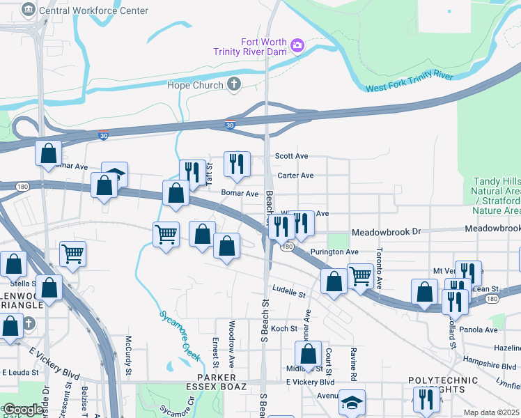 map of restaurants, bars, coffee shops, grocery stores, and more near 2529 Wilkinson Avenue in Fort Worth