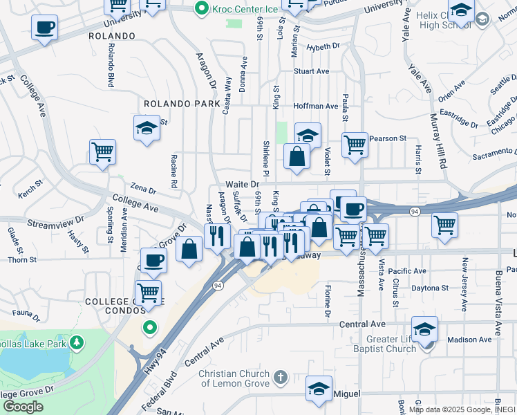 map of restaurants, bars, coffee shops, grocery stores, and more near 4245 69th Street in La Mesa