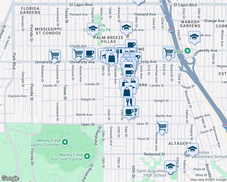 map of restaurants, bars, coffee shops, grocery stores, and more near 3636 Granada Avenue in San Diego