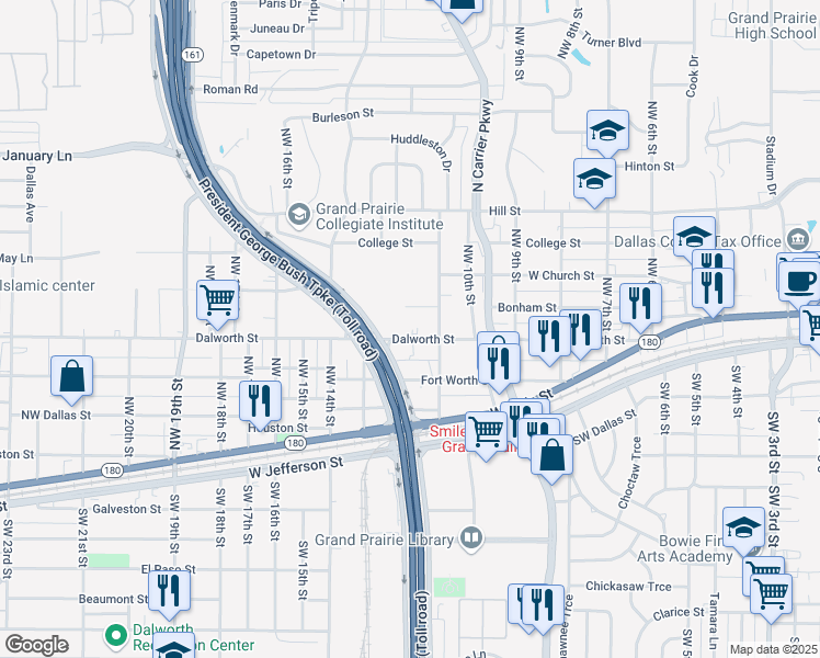 map of restaurants, bars, coffee shops, grocery stores, and more near 1130 Dalworth Street in Grand Prairie