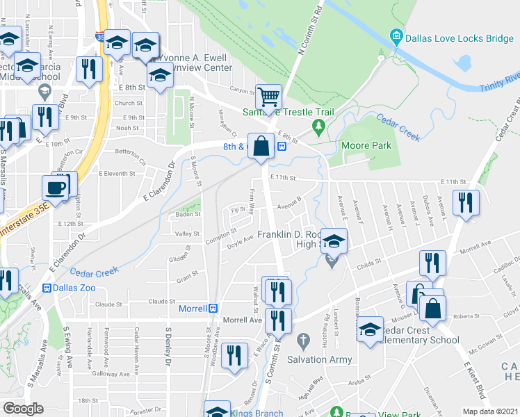 map of restaurants, bars, coffee shops, grocery stores, and more near Avenue B & Avenue A in Dallas