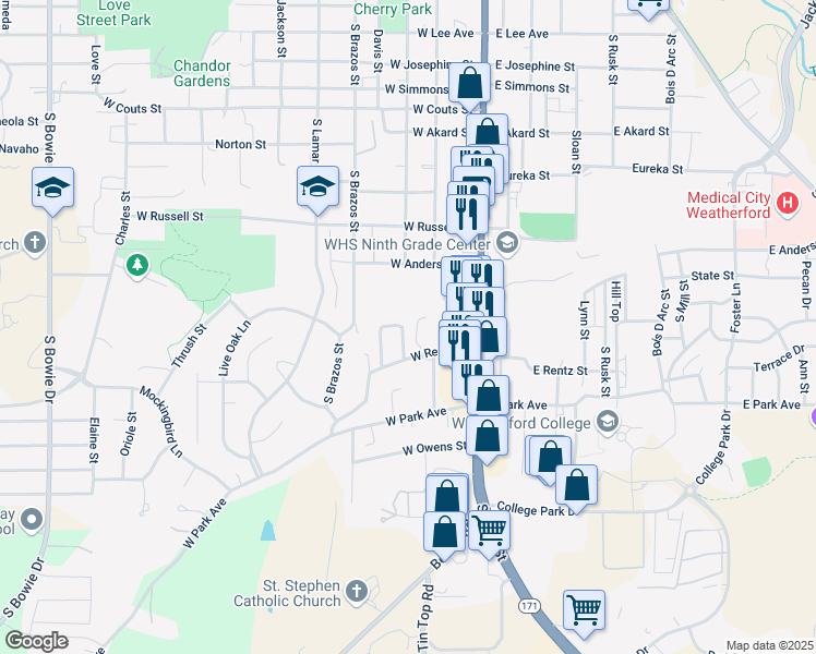 map of restaurants, bars, coffee shops, grocery stores, and more near 218 Rentz Place Circle in Weatherford