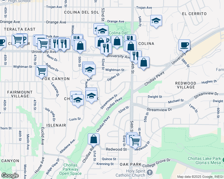 map of restaurants, bars, coffee shops, grocery stores, and more near 3607 Knoxie Street in San Diego