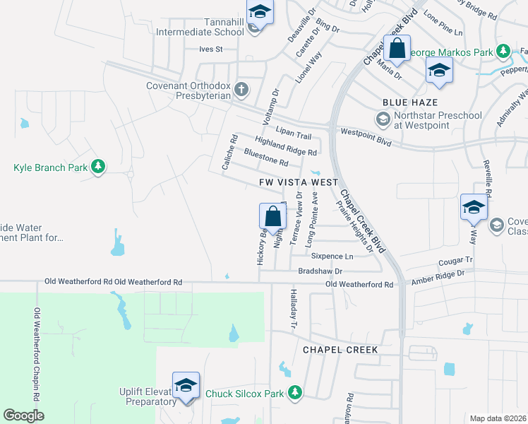 map of restaurants, bars, coffee shops, grocery stores, and more near 1104 Hickory Bend Ln in Fort Worth