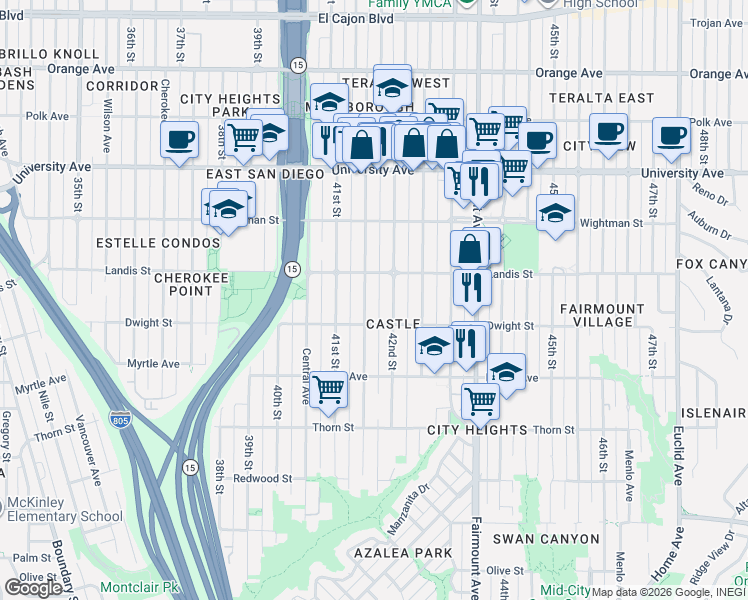 map of restaurants, bars, coffee shops, grocery stores, and more near 3645 Marlborough Avenue in San Diego