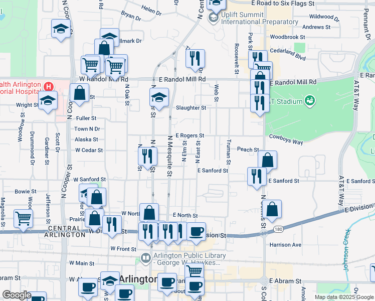 map of restaurants, bars, coffee shops, grocery stores, and more near 703 North Elm Street in Arlington