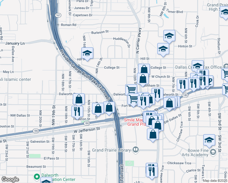 map of restaurants, bars, coffee shops, grocery stores, and more near 1130 Dalworth Street in Grand Prairie