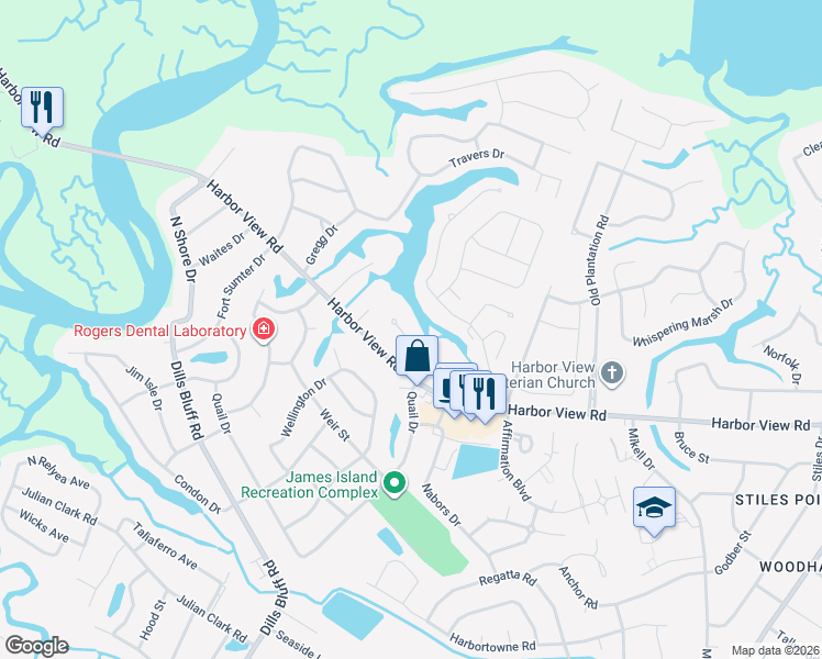 map of restaurants, bars, coffee shops, grocery stores, and more near 848 Harbor Pl Dr in Charleston