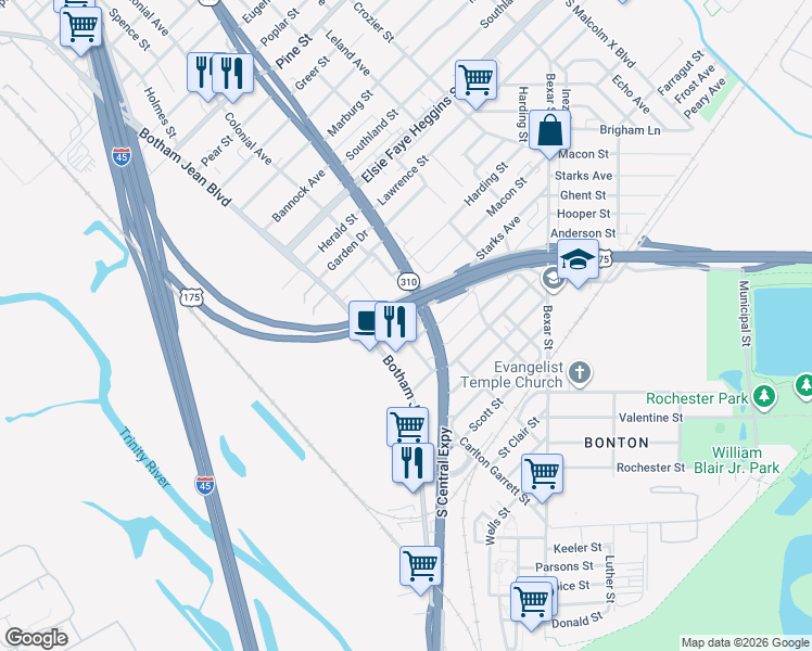map of restaurants, bars, coffee shops, grocery stores, and more near 5208 Colonial Avenue in Dallas