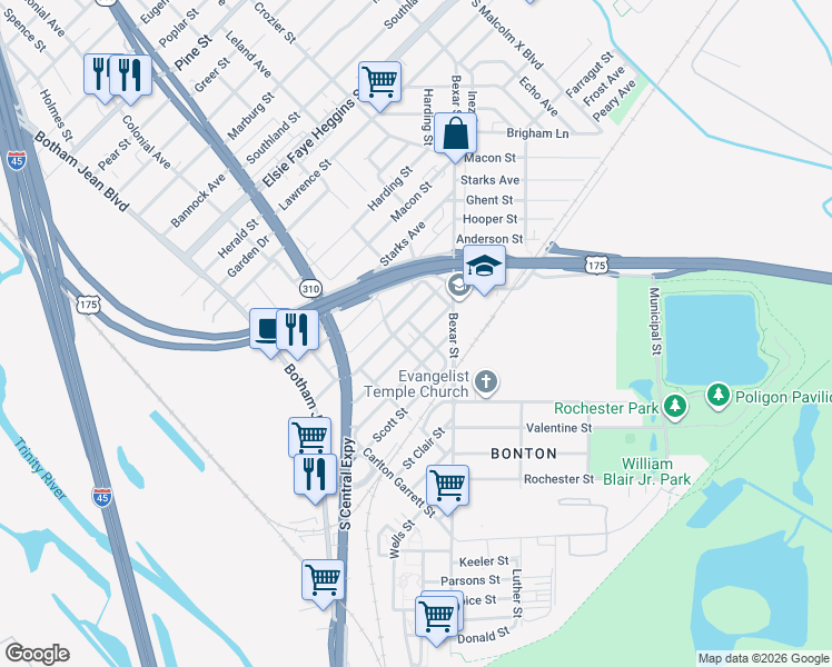 map of restaurants, bars, coffee shops, grocery stores, and more near 2502 Bethurum Avenue in Dallas