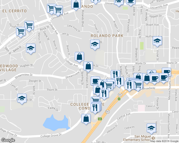map of restaurants, bars, coffee shops, grocery stores, and more near 3552 College Avenue in San Diego