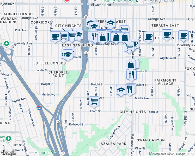 map of restaurants, bars, coffee shops, grocery stores, and more near 3645 41st Street in San Diego