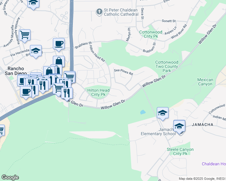 map of restaurants, bars, coffee shops, grocery stores, and more near 1605 Hilton Head Road in El Cajon