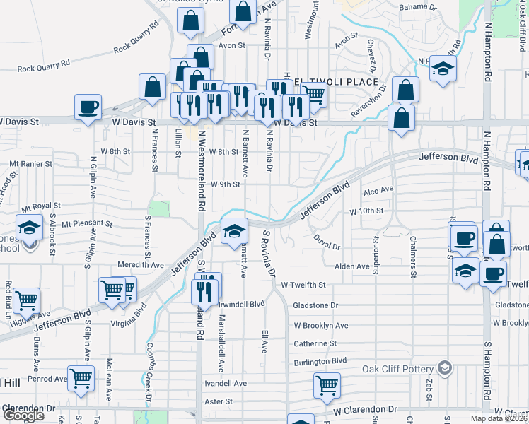 map of restaurants, bars, coffee shops, grocery stores, and more near 11 North Ravinia Drive in Dallas