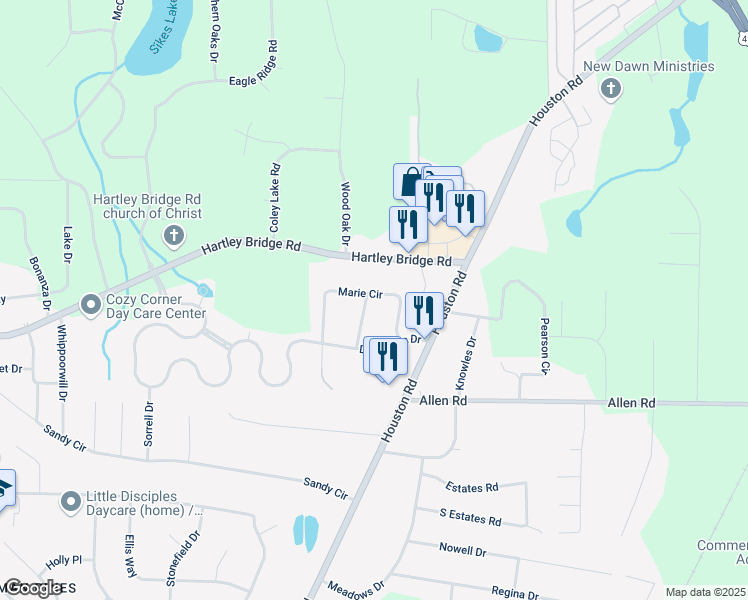 map of restaurants, bars, coffee shops, grocery stores, and more near 3102 Beverdine Drive in Macon