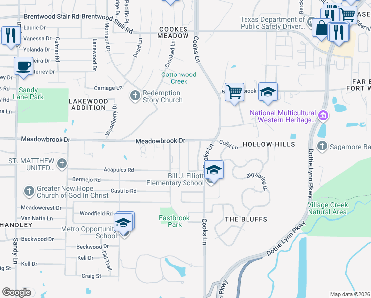 map of restaurants, bars, coffee shops, grocery stores, and more near 7812 Whitney Lane in Fort Worth