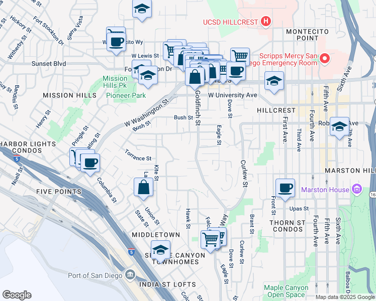 map of restaurants, bars, coffee shops, grocery stores, and more near 3680 Reynard Way in San Diego