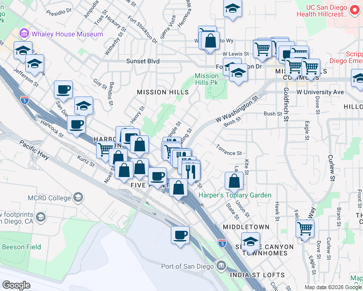 map of restaurants, bars, coffee shops, grocery stores, and more near 3625 Keating Street in San Diego