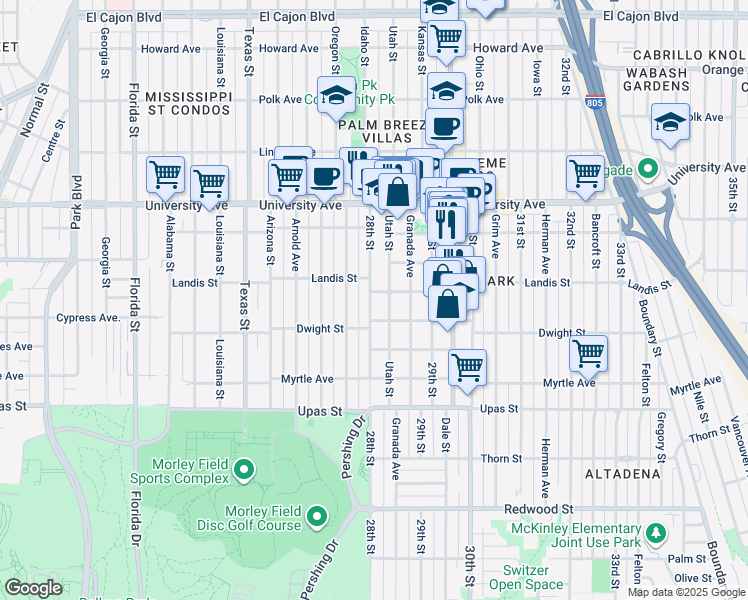 map of restaurants, bars, coffee shops, grocery stores, and more near 3635 28th Street in San Diego