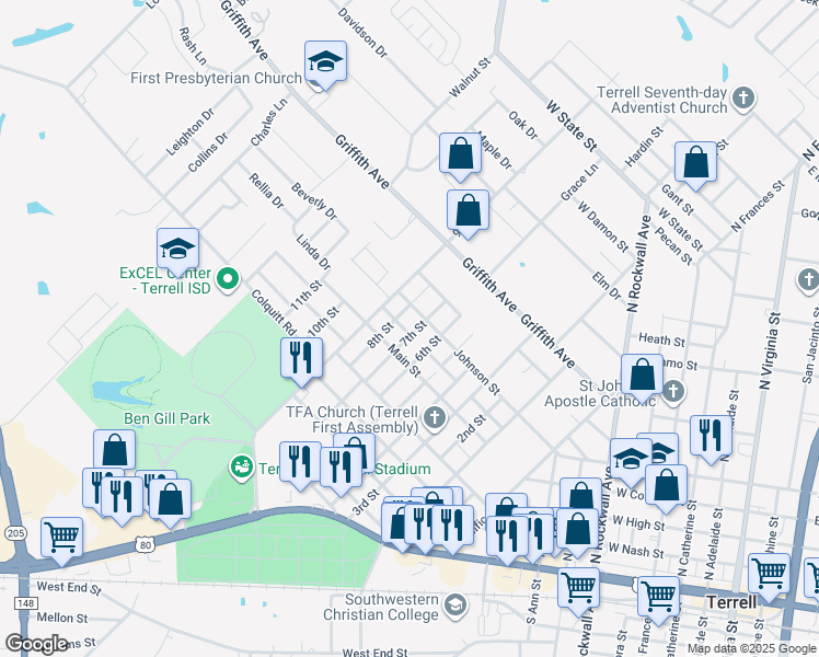 map of restaurants, bars, coffee shops, grocery stores, and more near 401 7th Street in Terrell